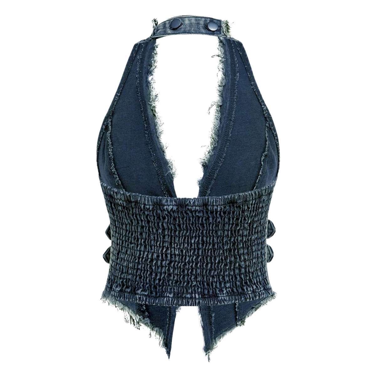 Women’s Y2K Backless Fringe Corset Denim Halter Top