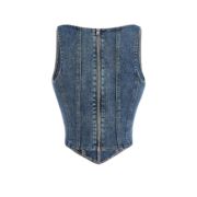 Women’s AsymmetricalSquare Neck Zip Back Denim Corset Crop Top