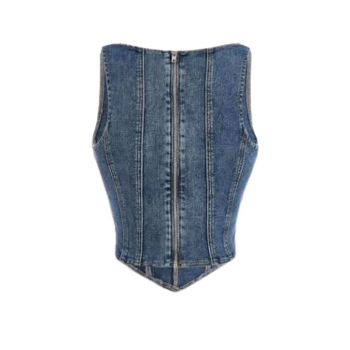 Women’s AsymmetricalSquare Neck Zip Back Denim Corset Crop Top