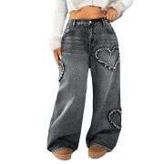 Women’s High Waisted Distressed Heart Pattern Wide Leg Jeans