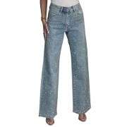 Y2K High Waisted  Stretch Rhinestone Wide Leg Jeans