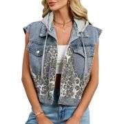 Women’s Vintage Leopard Print Hooded Denim Vest