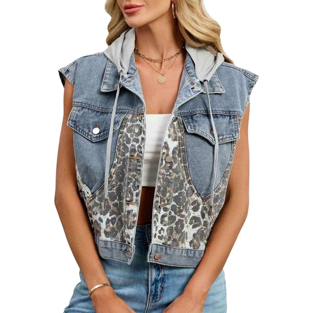 Women’s Vintage Leopard Print Hooded Denim Vest