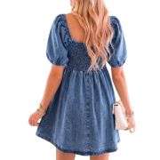 Women’s Western Puff Sleeve Sweetheart Neckline Denim Babydoll Mini Dress