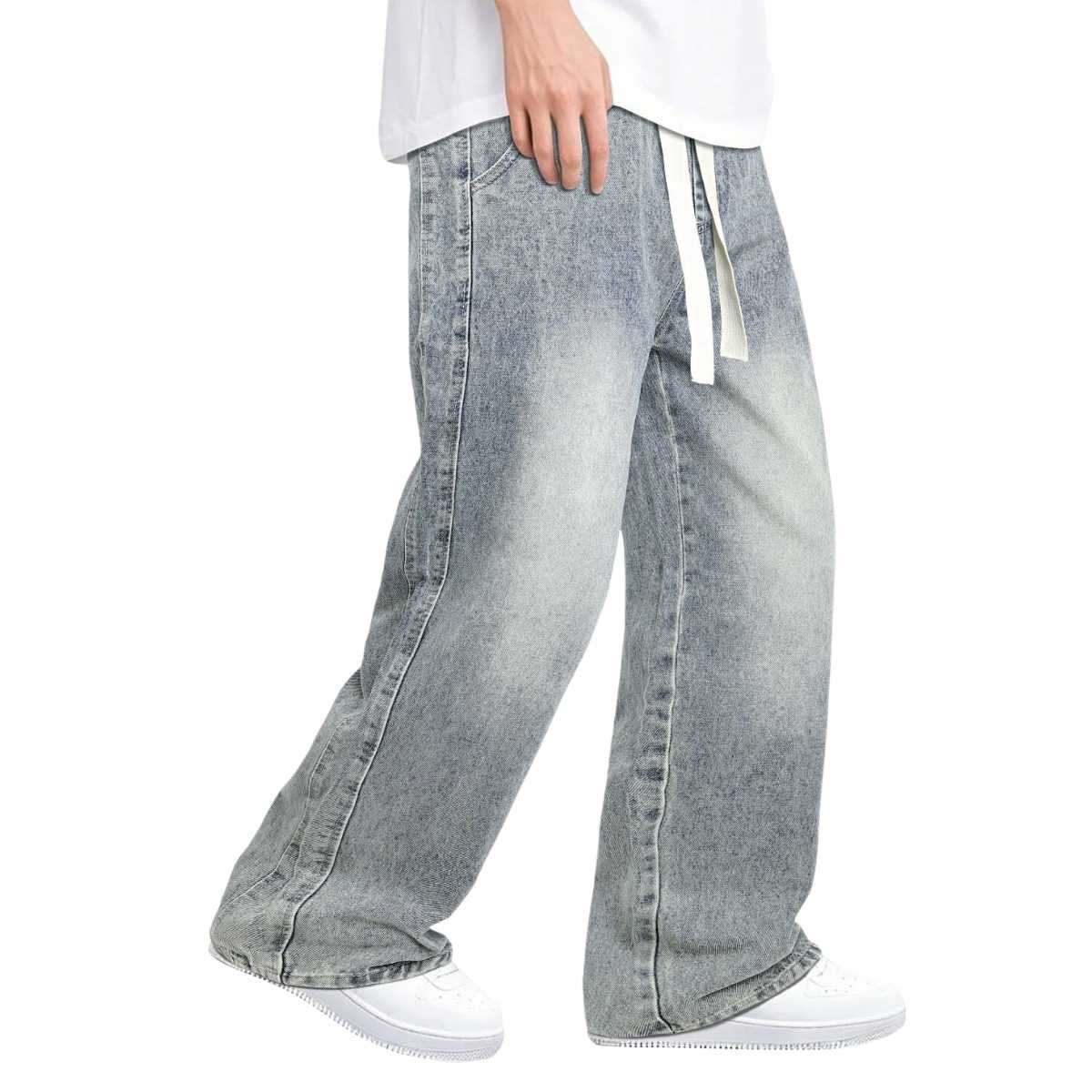 Men’s Drawstring Waist Wide-Leg Baggy Jeans