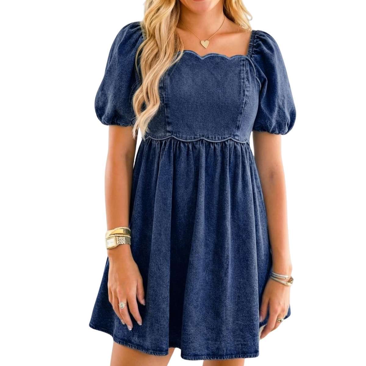 Women’s Western Puff Sleeve Sweetheart Neckline Denim Babydoll Mini Dress