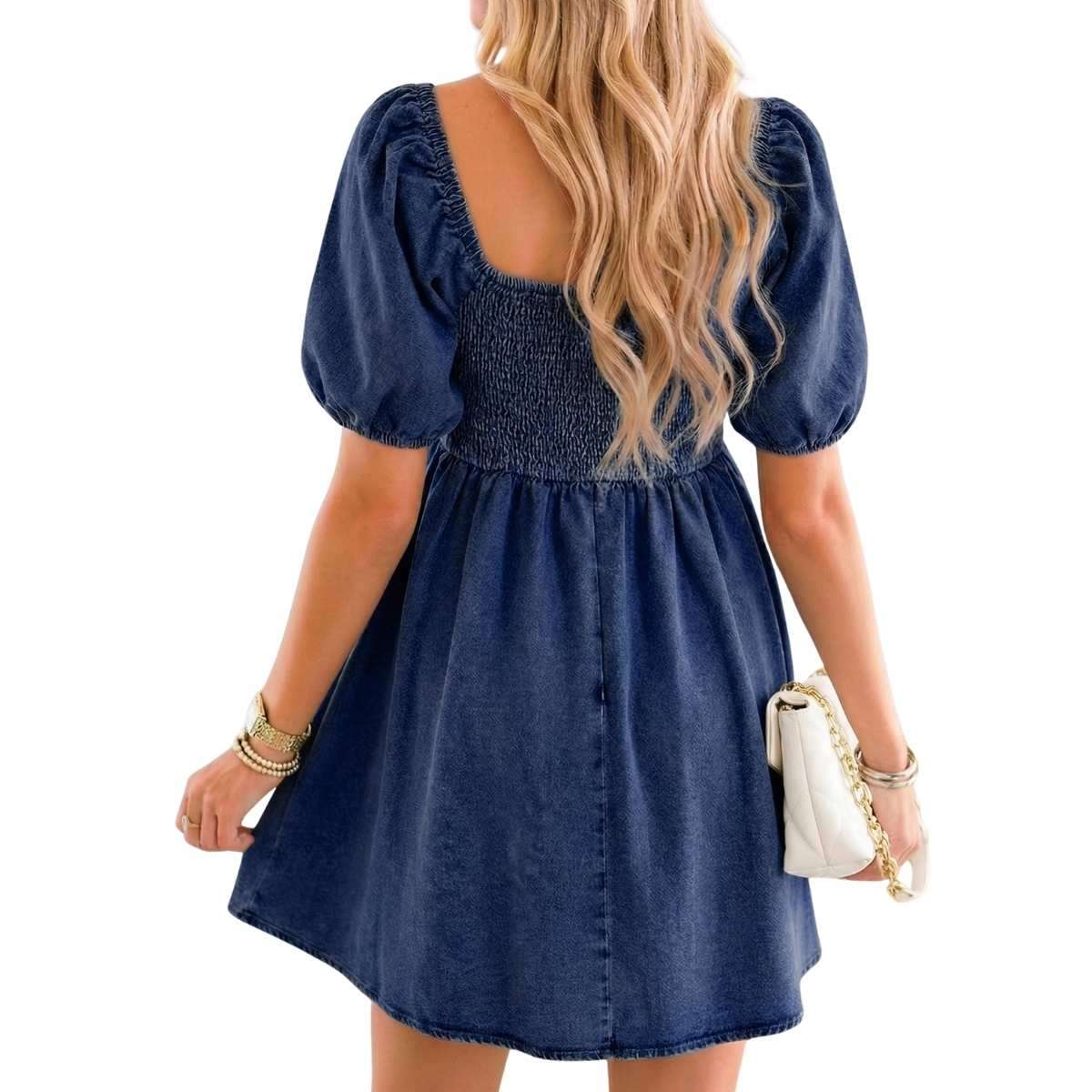 Women’s Western Puff Sleeve Sweetheart Neckline Denim Babydoll Mini Dress
