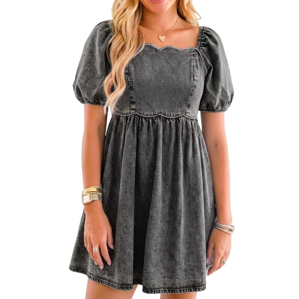 Women’s Western Puff Sleeve Sweetheart Neckline Denim Babydoll Mini Dress