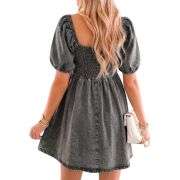 Women’s Western Puff Sleeve Sweetheart Neckline Denim Babydoll Mini Dress