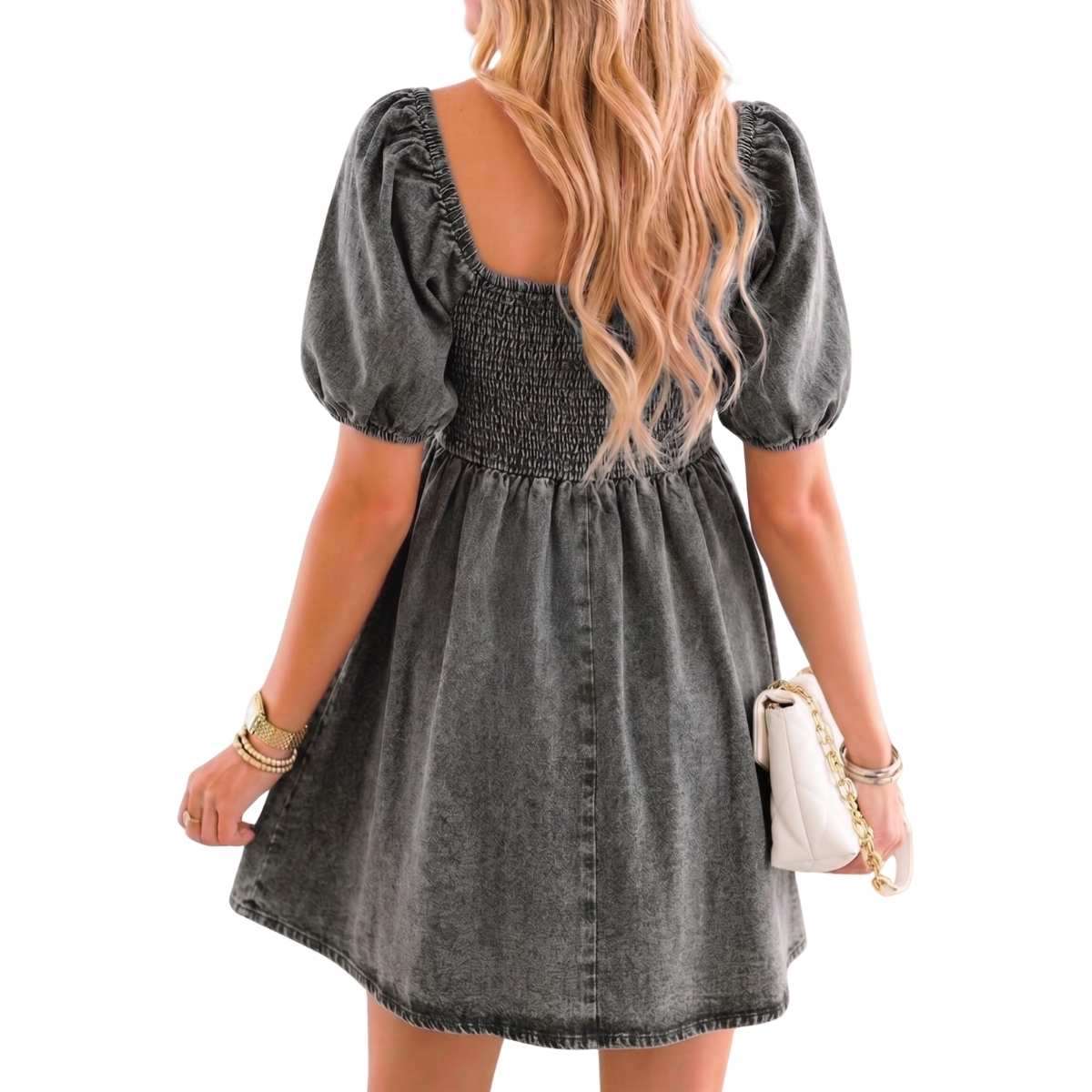 Women’s Western Puff Sleeve Sweetheart Neckline Denim Babydoll Mini Dress