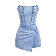 Women’s Y2K Strapless Bodycon Wrap Front Short Denim Romper