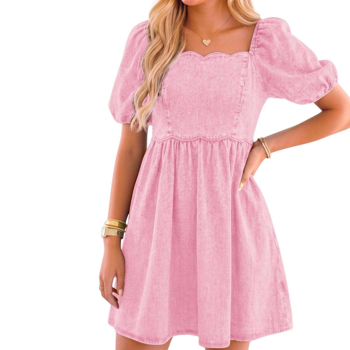 Women’s Western Puff Sleeve Sweetheart Neckline Denim Babydoll Mini Dress