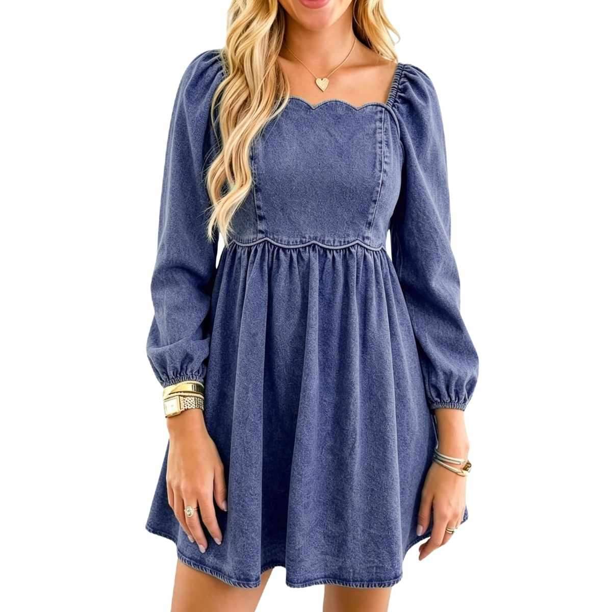 Women’s Western Puff Sleeve Sweetheart Neckline Denim Babydoll Mini Dress