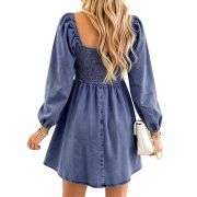 Women’s Western Puff Sleeve Sweetheart Neckline Denim Babydoll Mini Dress