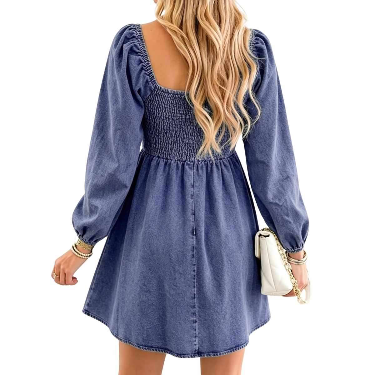Women’s Western Puff Sleeve Sweetheart Neckline Denim Babydoll Mini Dress