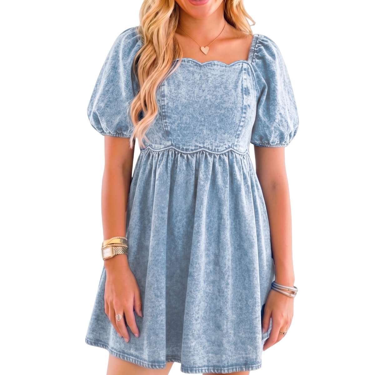 Women’s Western Puff Sleeve Sweetheart Neckline Denim Babydoll Mini Dress