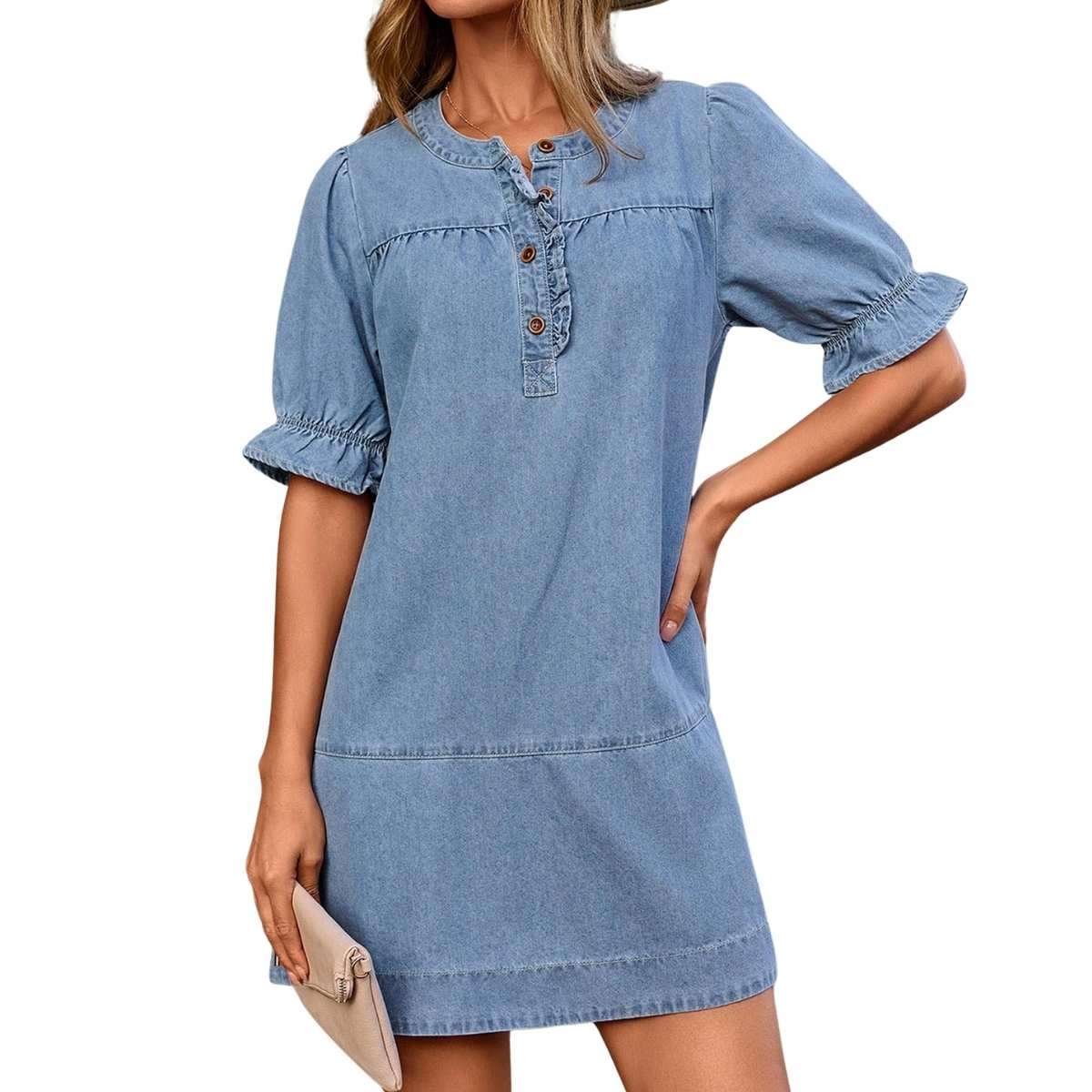 Women’s Button Down Babydoll Denim Ruffle Mini Dress