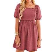 Women’s Western Puff Sleeve Sweetheart Neckline Denim Babydoll Mini Dress