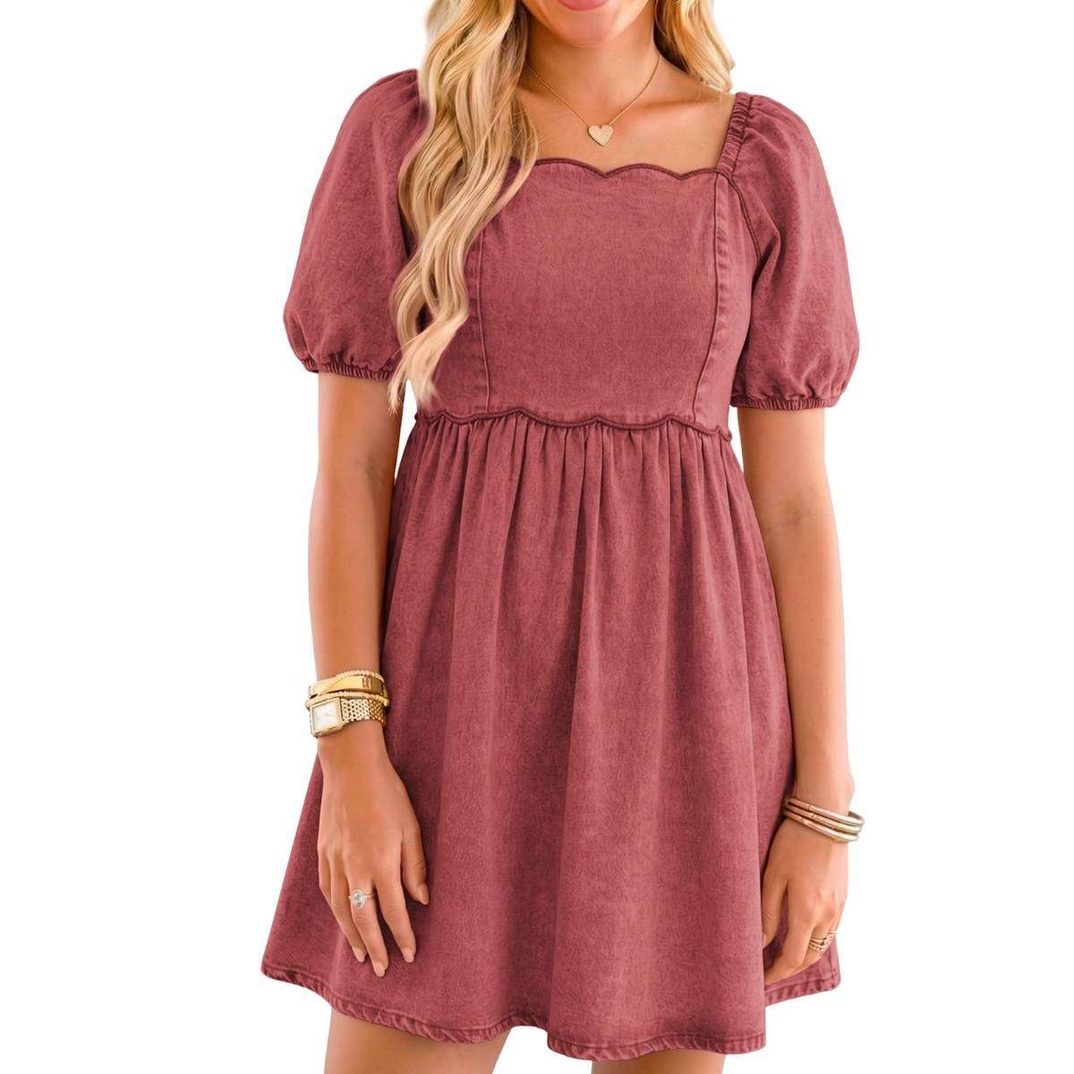 Women’s Western Puff Sleeve Sweetheart Neckline Denim Babydoll Mini Dress