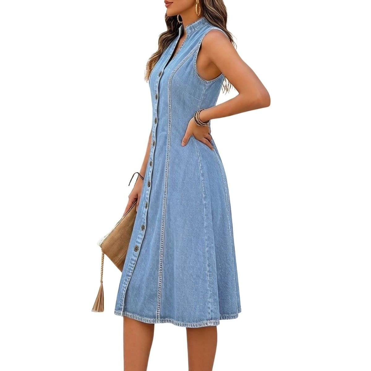 Women’s Sleeveless V Neck Button Front A-Line Pockets Denim Midi Dress