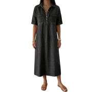 Women’s Distressed Short Sleeve Button Up Pleated Loose Fit Midi Denim Polo Shirt Dress