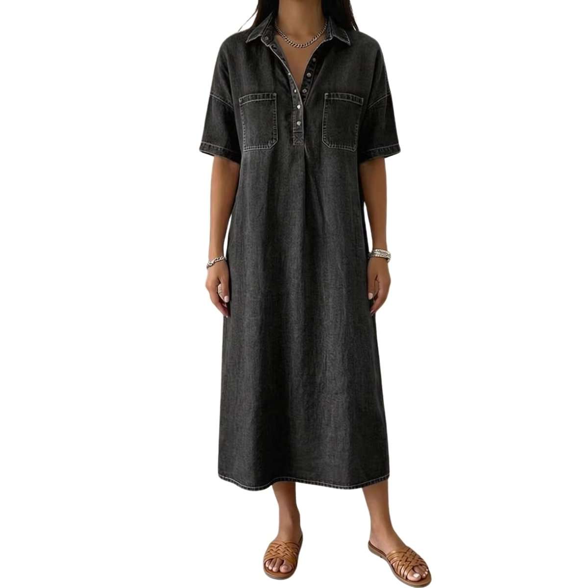Women’s Distressed Short Sleeve Button Up Pleated Loose Fit Midi Denim Polo Shirt Dress