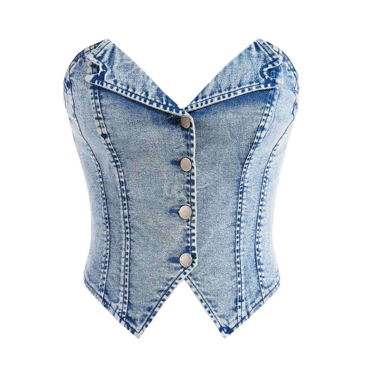 Women’s Y2K Button Down Corset Backless Sweetheart Neck Denim Tube Top