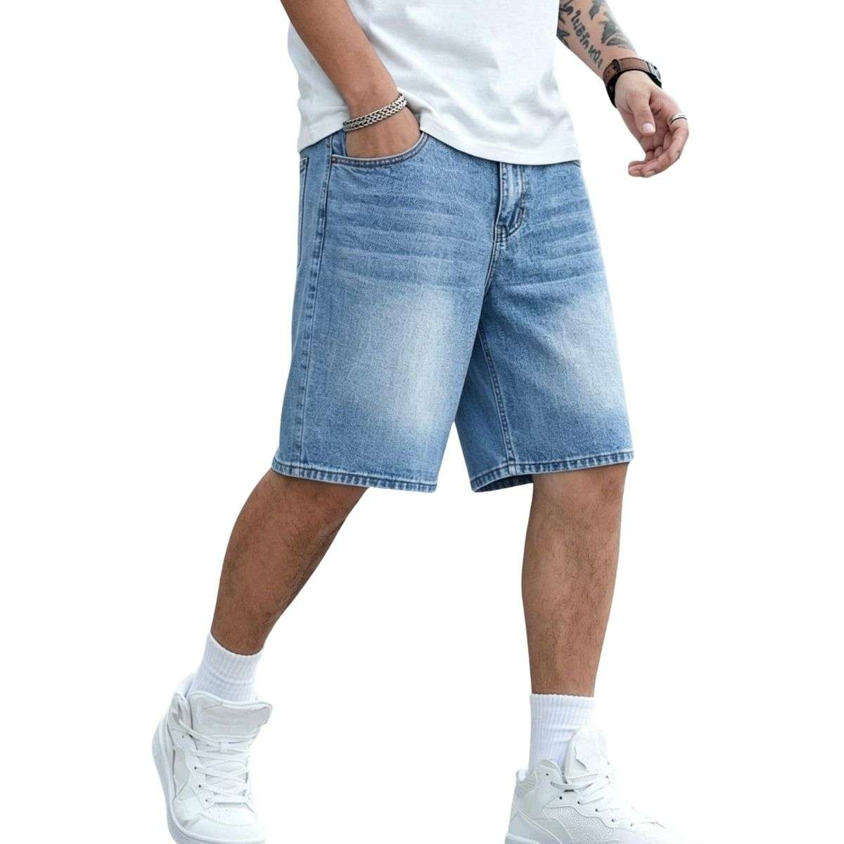 Mid Waist Slant Pockets Baggy Denim Jean Shorts