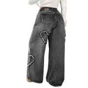 Women’s High Waisted Distressed Heart Pattern Wide Leg Jeans