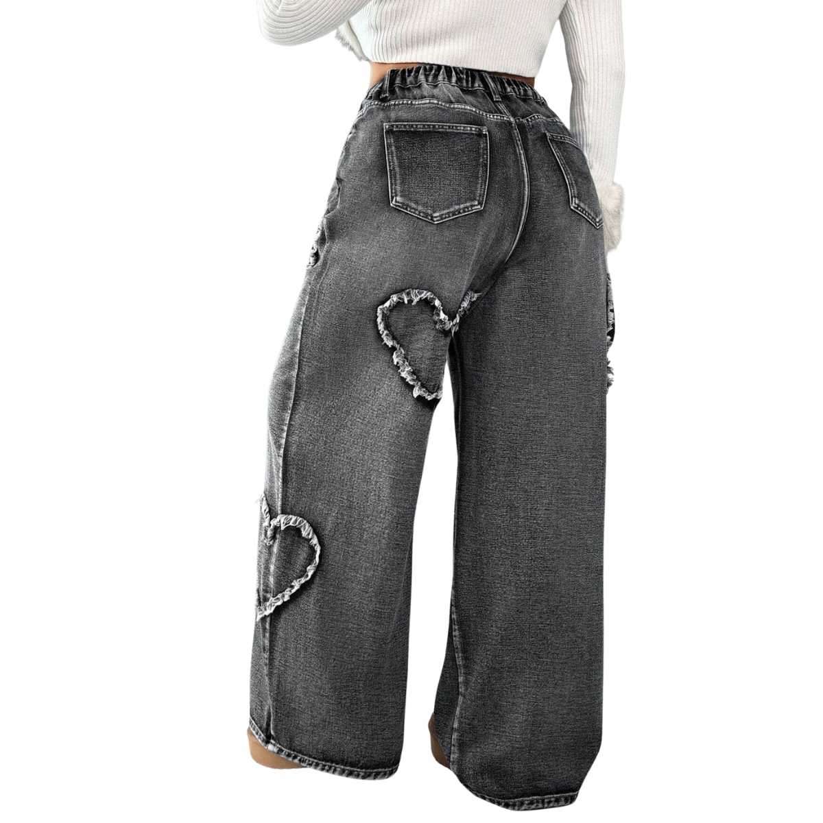 Women’s High Waisted Distressed Heart Pattern Wide Leg Jeans