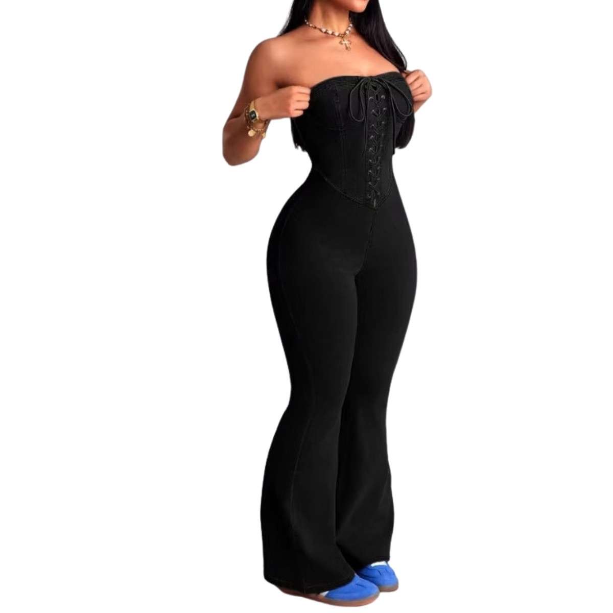 Women’s Criss-Cross Bustier Slim Fit Flare Denim Jumpsuit