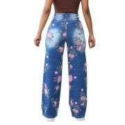 Rhinestone Blossom Print Denim Jeans