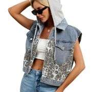 Women’s Vintage Leopard Print Hooded Denim Vest