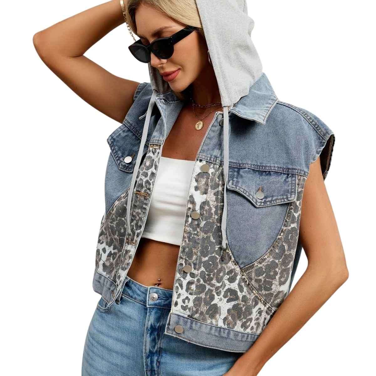 Women’s Vintage Leopard Print Hooded Denim Vest