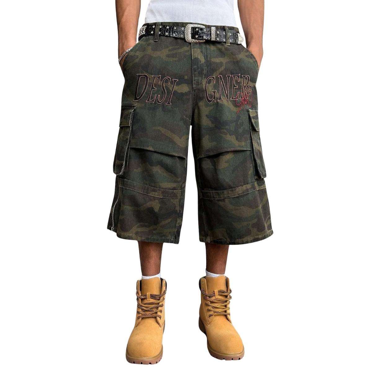 Men’s Flap Pockets Camo Cargo Denim Shorts