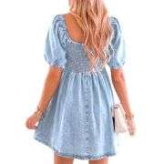 Women’s Western Puff Sleeve Sweetheart Neckline Denim Babydoll Mini Dress