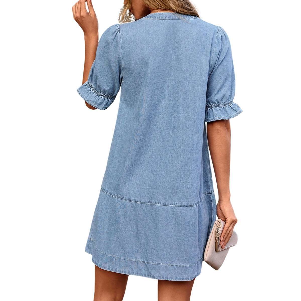 Women’s Button Down Babydoll Denim Ruffle Mini Dress