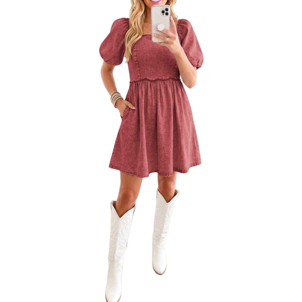 Women’s Western Puff Sleeve Sweetheart Neckline Denim Babydoll Mini Dress