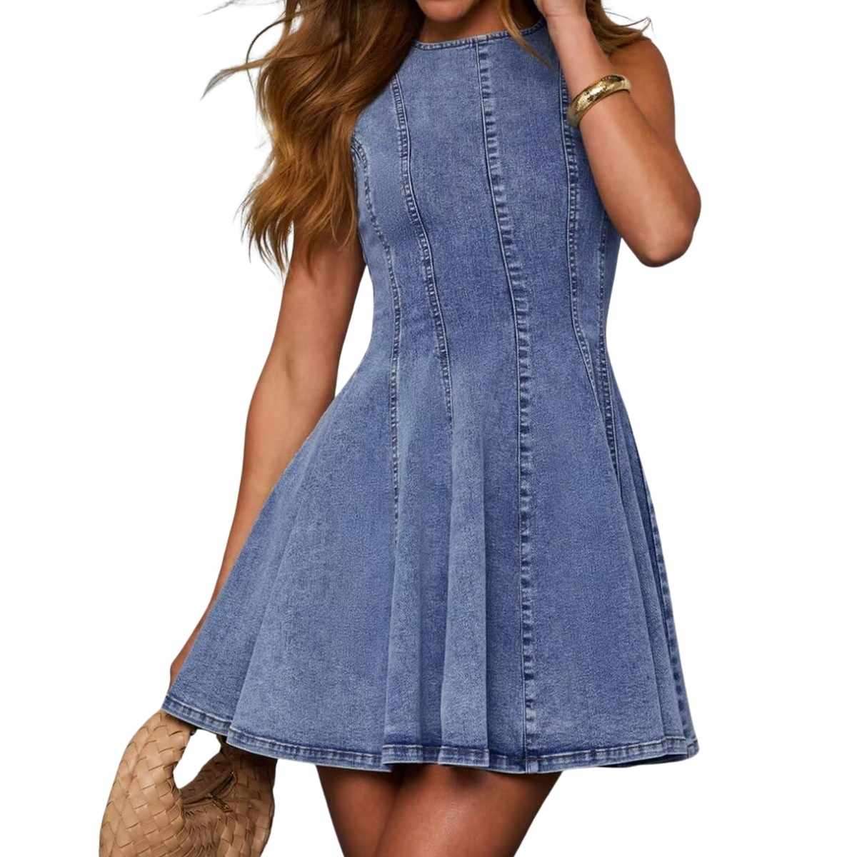 Women’s Sleeveless Slim Fit A-Line Tank Denim Babydoll Mini Dress