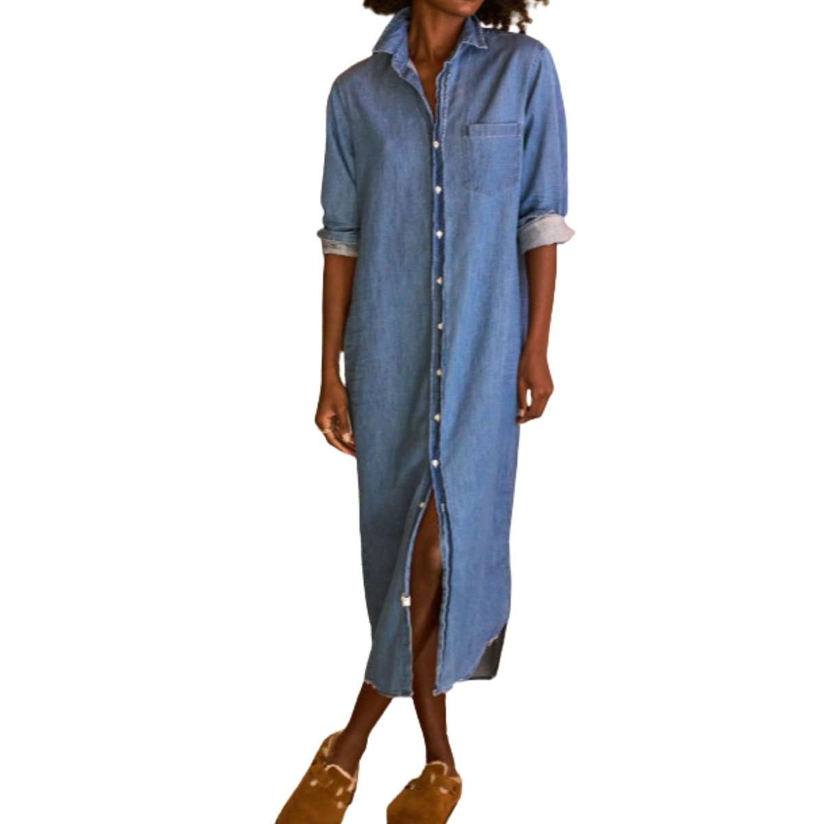Women’s Distressed Long Sleeve Button Down Denim Shirt Dress