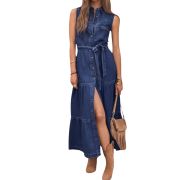Sleeveless Button Down Belted Midi Jean Dress