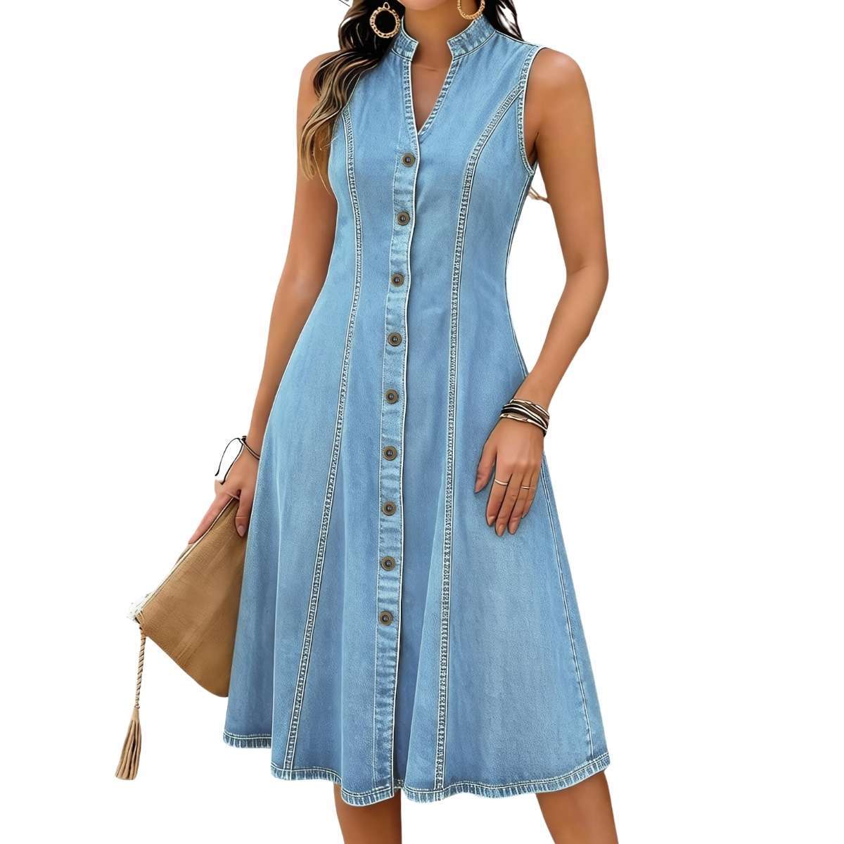 Women’s Sleeveless V Neck Button Front A-Line Pockets Denim Midi Dress