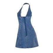 Bow Halter Backless Sleeveless  Lace Trim Denim Mini Dress