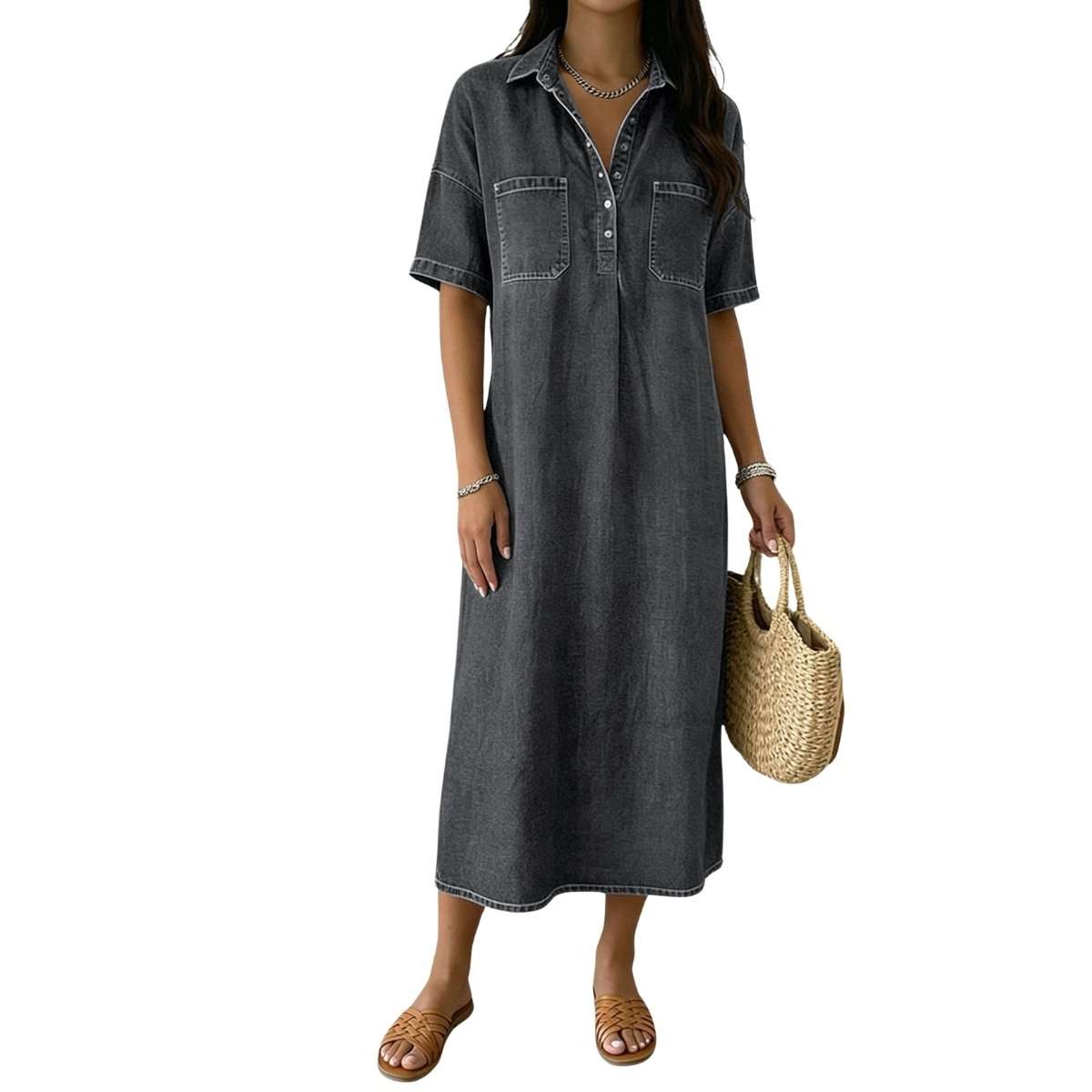 Women’s Distressed Short Sleeve Button Up Pleated Loose Fit Midi Denim Polo Shirt Dress