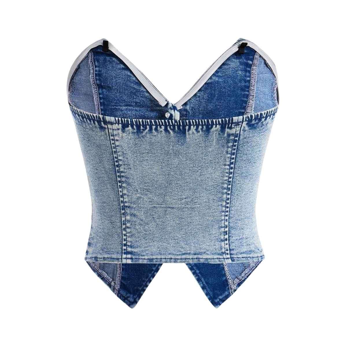 Women’s Y2K Button Down Corset Backless Sweetheart Neck Denim Tube Top