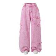Women’s High Waisted Distressed Heart Pattern Wide Leg Jeans