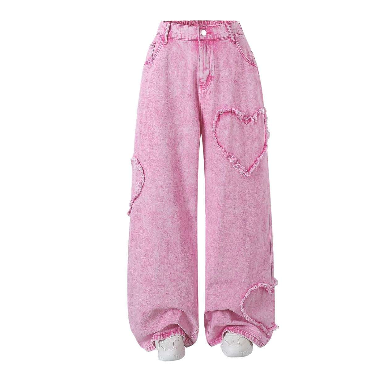 Women’s High Waisted Distressed Heart Pattern Wide Leg Jeans