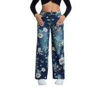 Rhinestone Blossom Print Denim Jeans