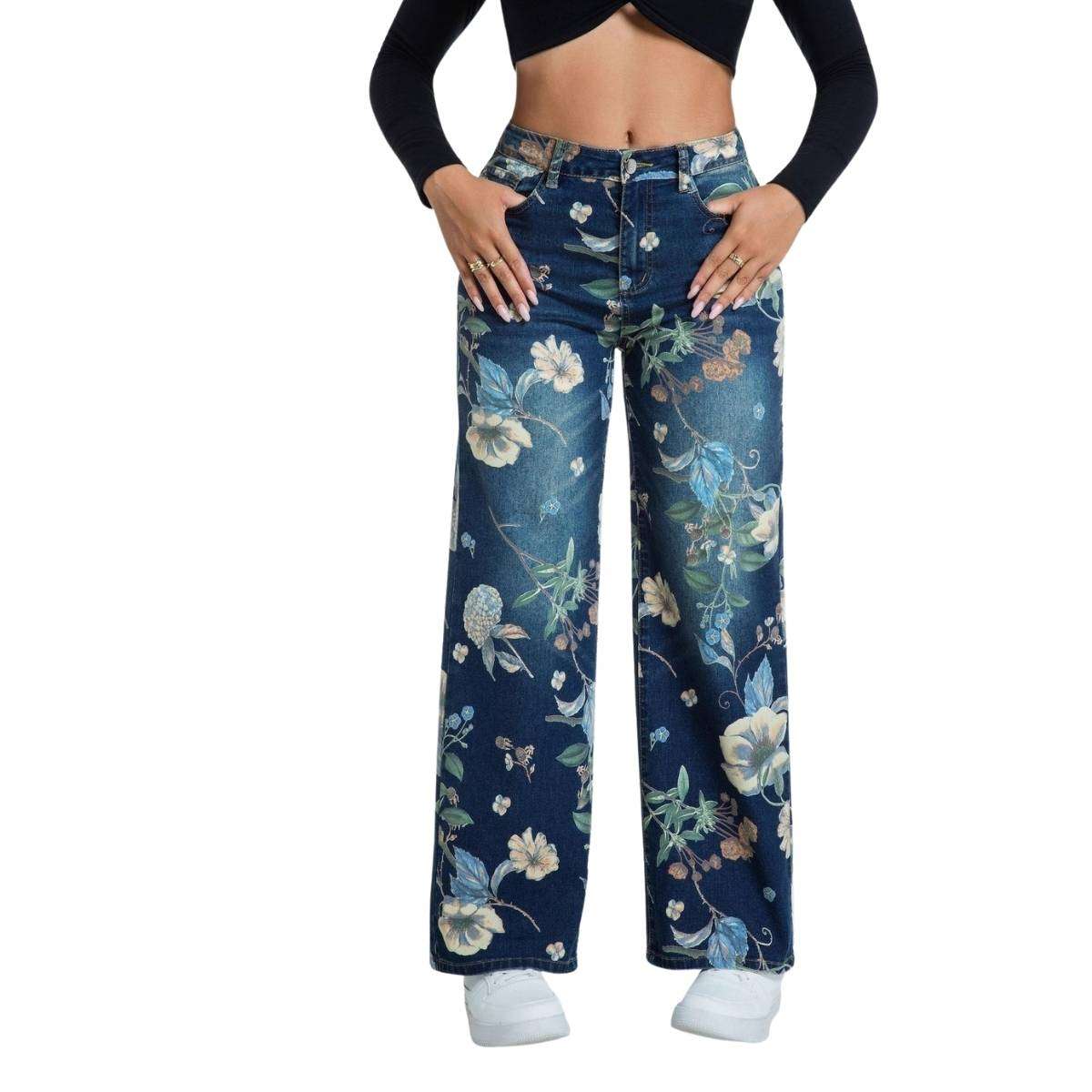 Rhinestone Blossom Print Denim Jeans