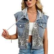 Women’s Vintage Leopard Print Hooded Denim Vest
